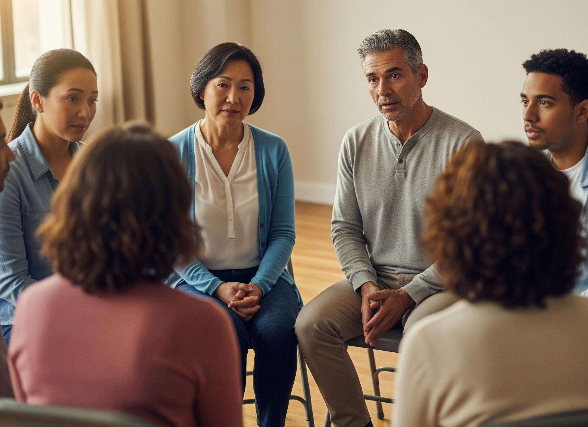 groupe assis en cercle, échangeant dans une salle