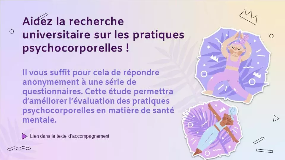 Affiche d'Aide à la recherche universitaire sur les pratiques psychocorporelles.