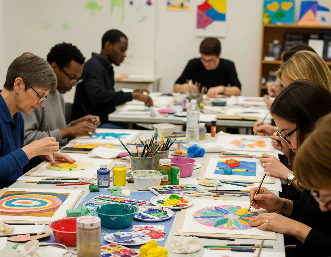 personnes peignant autour d'une table d'atelier