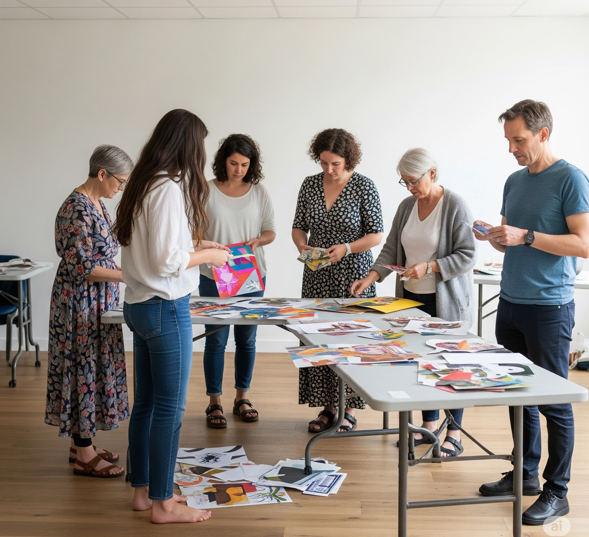 groupe en atelier créatif triant des collages